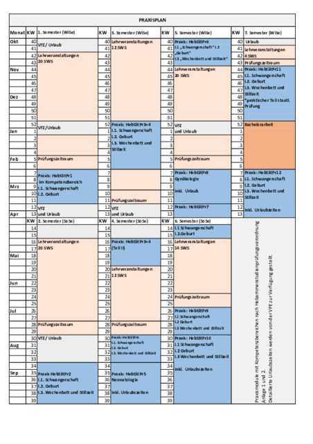 Praxisplan zeigt die praktischen Module mit den Kompetenzen nach Hebammenstudienprüfungsverordnung