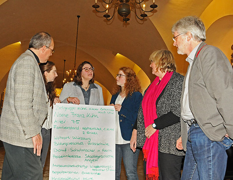 Franz Kühn ist ein potenzieller Besucher des Mainfränkischen Museums. Über seine Eigenschaften diskutieren (v.l.): Werner Schweibenz, die Studentinnen Hanna Fuchs, Deborah Rosenfeld und Janne Hansen, Claudia Lichte und Guido Fackler. (Foto: Gunnar Bart