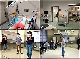 Oben: Patientenversorgung (A) in der virtuellen Notaufnahmeumgebung (B). Alle dargestellten Gegenstände (Infusionen, Perfusoren, Ultraschallgerät, EKG) können genutzt werden. Unten: Einsatz von STEP-VR im tutoriell begleiteten Kleingruppenseminar (C/D). Ein Teilnehmer übernimmt die Behandlung, während die anderen das Geschehen auf dem Smartboard verfolgen und kommentieren können.