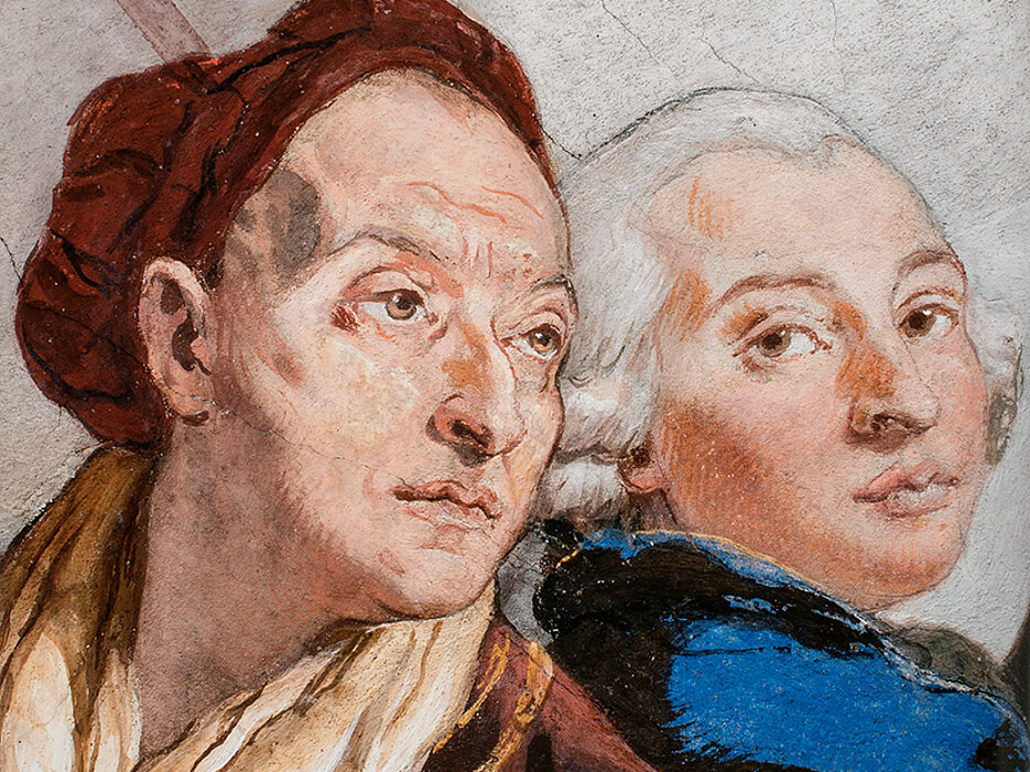 Giambattista Tiepolo (links) in Arbeitstracht und sein Sohn Giandomenico mit Stutzperücke. Der Bildausschnitt stammt aus Tiepolos Treppenhausfresko in der Würzburger Residenz.